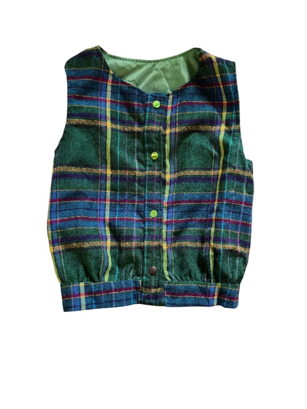 Vintage Green Plaid Button-Up Vest With Elastic Hem Sleeveless Retro Style